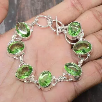Tsavorite Gemstone Handmade Solid 925 Серебряный браслет для женщин 7-8 Inches зелёный