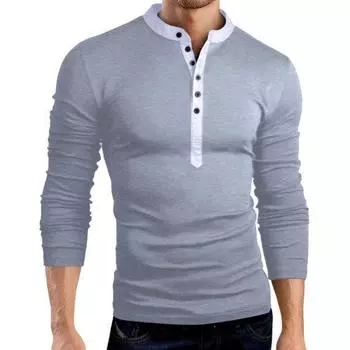 Tshirt Fashion Men Button Front Long Sleeve Vneck Solid Casual Slim Shirts Fit Light Gray,Tag L=US/UK/AU S