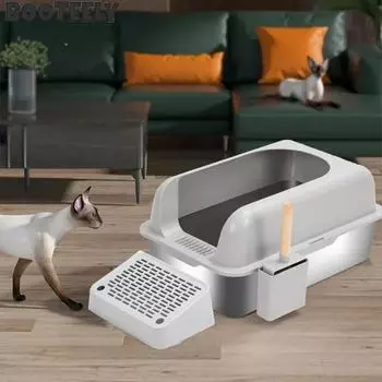 Туалет для кошек с наклонной передней дверью из нержавеющей стали, открытый кошачий туалет, прочный, просторный, для легкого и комфортного использования белый