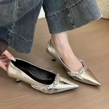 Туфли-лодочки French kitten single shoes весна и осень 2025 года, серебристый темперамент, светская львица с новыми черными туфлями на высоком каблуке для женщин 34 чёрный