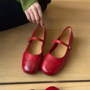 Туфли-лодочки из кожи в стиле ретро на плоской подошве, туфли Мэри Джейн с квадратным носком, красные туфли-лодочки с пряжкой в виде одного слова для женщин 35 бордовый