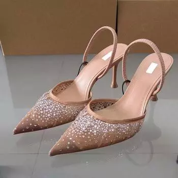 Туфли-лодочки TRAF Woman с блестящими острыми носами 2024 года, летние сексуальные туфли с открытой пяткой и блестками на высоком каблуке, женские элегантные туфли невесты с ремешками сзади, новые 36