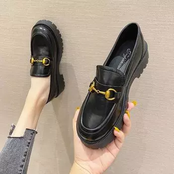 Туфли-лоферы Muffin Thick Bottom Slip-On женские, новые, британский стиль, черные, ретро, мягкие, кожаные, плоские, маленькие, женские 36 чёрный