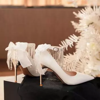 Туфли на шпильке с бантом и кисточками из атласа, высокие каблуки, аппликация, темпераментные женские туфли, свадебные туфли, банкетные туфли, платье 34