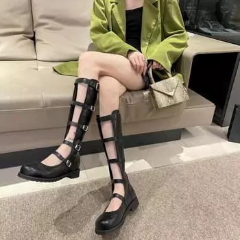 Туфли на танкетке для девочек на толстой платформе Mary Janes, женские туфли с пряжкой, полые, мотоциклетные, крутые, сандалии, новые дизайнерские туфли Lolita для женщин 35 чёрный