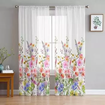 Тюлевые шторы с цветочной акварелью и ручной росписью для гостиной, прозрачные занавески для спальни, кухни, жалюзи, вуаль, шторы 135W x 114H(cm)