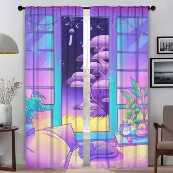 Tulle for Bedroom City Pop Window Curtain for Room 2 Panel Anti-mosquito Curtains Halloween Decoration Partition Shades Living W50xH70cmx2pcs-CL