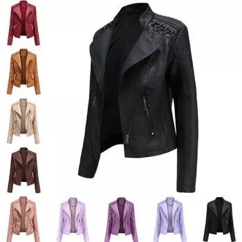 Turn-down Collar PU Faux Artificial Leather Jackets Women Jacket Black Pink Red Biker Coat XXXXL чёрный