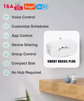Tuya 16A Бразильский стандарт WiFi Умная розетка с монитором мощности Smart Life APP Умная розетка Голосовая работа для Google Home Alexa TUYA 16A