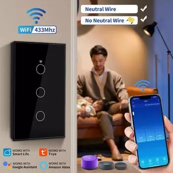 Tuya Smart Switches US Light Switch Нулевой провод/Нулевой провод не требуется 1/2/3/4 Gang WiFi Touch Switch Работает с Alexa Google