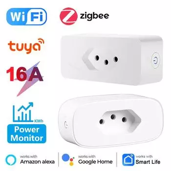 Tuya Wi-Fi Smart Brazil Plug 16a Smart Life App Zigbee Smart Socket с монитором мощности Бразилия Розетки Голос для Google Home Alexa Wifi Brazil Plug&100-240V-1pcs