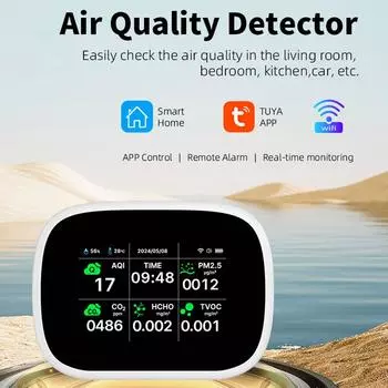 Tuya WiFi 10 в 1 детектор качества воздуха бытовой портативный AQI PM2.5 PM1.0 PM10 CO2 TVOC HCHO тестер многофункциональный TFT дисплей чёрный