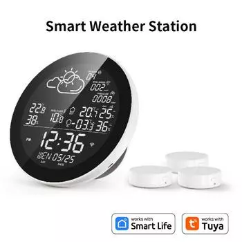 Tuya WIFI Беспроводная метеостанция EU plug Умный дом Прогноз температуры 3 датчика Внутренний наружный термометр Влажность Запись Bundle1