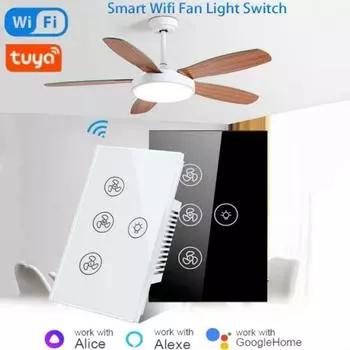 Tuya WiFi Smart Fan Light Switch Сенсорная панель Switches APP Voice Control Timer Различные скорости Работает с Alexa Geogle Home AC 110V-240V&US Standard белый