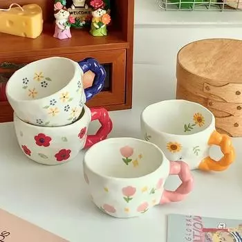 Twist Ceramic Cup Korean Hand-painted Underglaze Color Mug Cute Niche Flower Tea Couple Coffee Cup Souvenir Drinkware 260ml