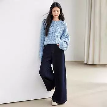 Twist Round Neck Sweater for Women Thickened Warm Winter New Style Meila Blue Atmosphere Outfit Loose Knitted Top S синий