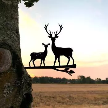 Two Deers On Branch Iron Art Silhouette Metal Art Home Garden Yard Patio Statue Stake Decoration Christmas Decoration