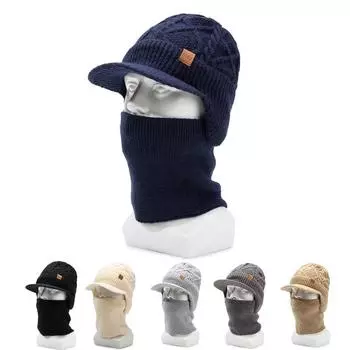 Two-Piece Hat Set Men Hat Autumn Winter Knitted Hat Velvet Ear Protection Neck Protection Hat Warm Wool Hat with Scarf бежевый