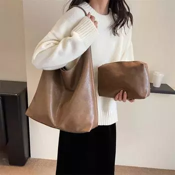 Two-Piece Shoulder Bag Set Retro Solid Color Pu Handbag Large Capacity Women s Commuter Tote Bag кофейный