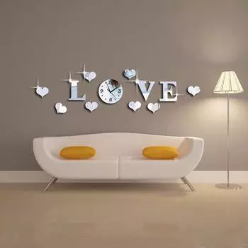 Творческие настенные часы Love, акриловые зеркальные настенные часы, настенные наклейки для гостиной, спальни, офиса, настенное украшение