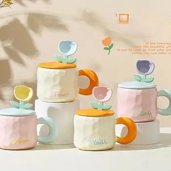 Творческий маленький цветок керамическая чашка с крышкой и ложкой пасторальный стиль кружка персонализированная женская высококачественная чашка для воды 450ML