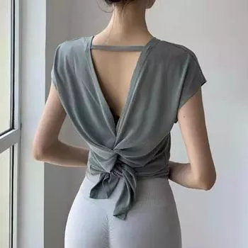 U Neck Cross Back Open Yoga Tops Loose Vest Short Sleeves Quick Drying Breathable Tops Workout Pilates Cover-up Shirts XL