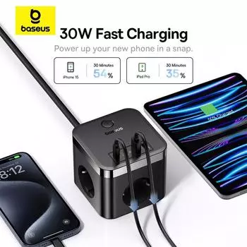 Baseus PowerCombo Cube Power Strip Multi ports 7 in 1 Charger 30W Fast Charger