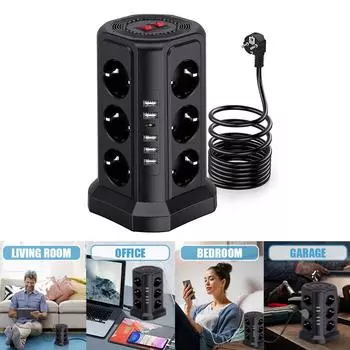Удлинитель башни с несколькими розетками, 2500 Вт, AC110-250v10A, с 12 розетками переменного тока и 5 портами USB, светодиодным индикатором