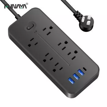 Удлинитель для США, 6 розеток переменного тока, 10 А, 110 В, 220 В, 3 порта USB, розетки, 1 арт-патч-панель TYPE-C, 2000 Вт, черная защита от скачков напряжения