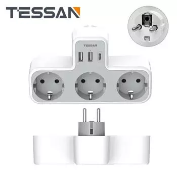 Удлинитель настенной розетки TESSAN EU с 3 розетками переменного тока + 2 USB-портами для зарядки + 1 тип C (5В 3А), Удлинитель с несколькими розетками 6-в-1