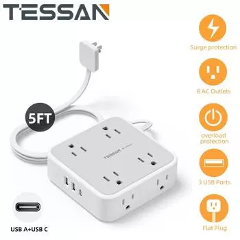 Удлинитель сетевого фильтра TESSAN с 8 розетками переменного тока и 3 USB (1 USB-C), Ультратонкая плоская вилка с ультратонким удлинителем длиной 5 футов