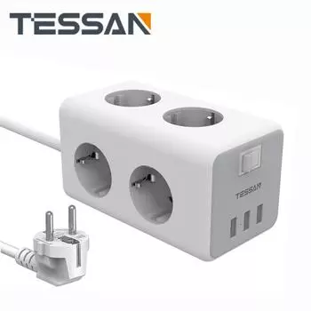Удлинитель TESSAN, европейская многоразовая розетка-куб с переключателем, 6 розеток, 3 USB-порта для зарядки, удлинительный кабель 2 м для дома 1 Outlets & 2 USB Ports серый