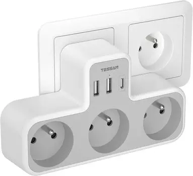 Удлинитель TESSAN FR-EU с 3 USB-разъемами (1 USB-C) & Адаптер питания с несколькими розетками и 3 французскими розетками с защитой от перегрузки