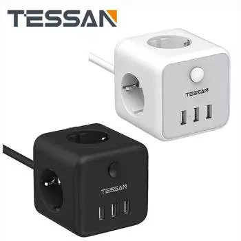 Удлинитель TESSAN PowerCube USB-разъем Удлинитель адаптера с вилкой европейского стандарта с переключателем 3 розетки европейского стандарта и 3 USB-порта Зарядка для дома и путешествий 3 Outlets & 3 USB Ports чёрный