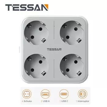 Удлинитель USB-розетки TESSAN с выключателем, 4 розетки переменного тока, 3 порта USB и тип-C, настенная розетка европейского стандарта с креативным дизайном под углом 45 °