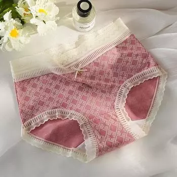 Удобные трусики с кружевными краями, женское нижнее белье, жаккардовые дышащие трусики из ледяного шелка со средней талией, большие размеры M синий