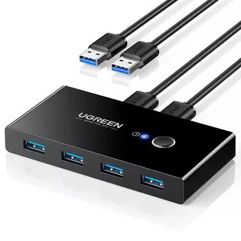 UGREEN Switcher Высокоскоростная передача USB-коммутация для 2 ПК Переключатели Ручной коммутатор Переключатель принтера USB-кабель x 2 4 USB 3.0 Принтер, Мышь, чёрный