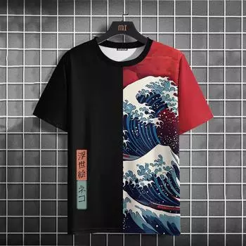 Мужская футболка Ukiyo-E с принтом 3D Wave, короткий рукав, модная мужская одежда в стиле пэчворк, свободная футболка большого размера для мужчин S