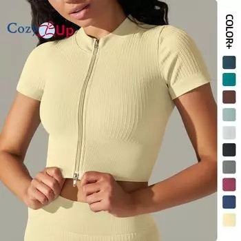 Укороченные топы Cozy Up для женщин - топы с коротким рукавом для тренировок, рубашки с застежкой-молнией в рубчик для бега, тенниса, йоги, гольфа S