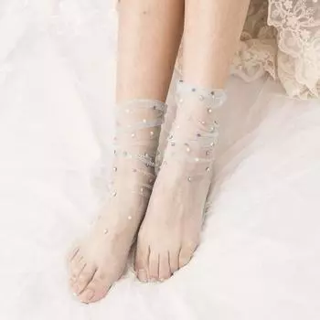 Ультратонкие прозрачные чулочные изделия Shine Crystal Tulle Socks Корейские носки для платьев Женские сетчатые носки чёрный
