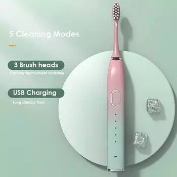 Ультразвуковая электрическая зубная щетка, 5 режимов, USB аккумуляторная, Ipx7, водонепроницаемое отбеливание для взрослых и детей, 3 насадки для хранения, коробка для хранения Pink Green