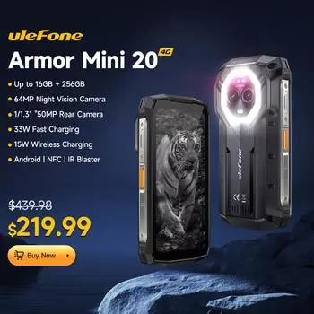 Ulefone Armor Mini 20 4,7-дюймовый прочный телефон с 64-мегапиксельной ночной камерой, смартфоном на 6200 мАч, Android 14, 4G, мобильный телефон чёрный