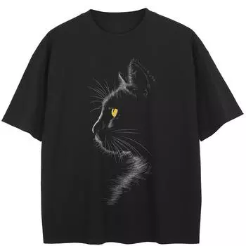 Уличная черная футболка с рисунком Cat Shadow, хлопковые топы унисекс, футболки, летняя футболка с короткими рукавами M чёрный