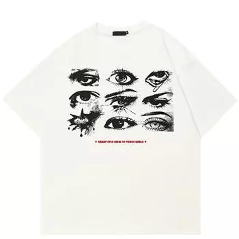 Уличная одежда Футболка с рисунком «Both Sides Eyes» Хлопковая футболка Унисекс Топы Футболки Летняя футболка с короткими рукавами S белый