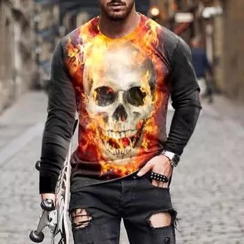 Уличная одежда с 3D принтом Flame Skull, мужские футболки с длинным рукавом и круглым вырезом, мужские топы ужасов на Хэллоуин, свободные готические футболки с круглым вырезом 6XL