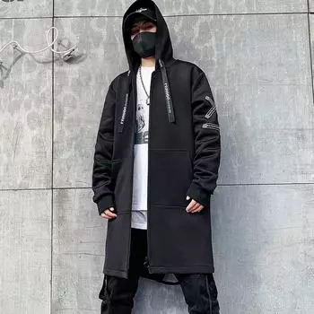 Уличная одежда, весенняя мода, повседневные плащи, мужские пальто Harajuku с капюшоном и лентами, средняя длинная мужская куртка M белый