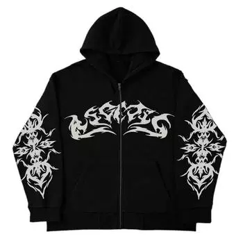 Уличная ретро-одежда с принтом пламени, свободная толстовка для женщин Y2K Gothic Punk Harajuku, повседневный топ, свободная толстовка с капюшоном на молнии для женщин S чёрный