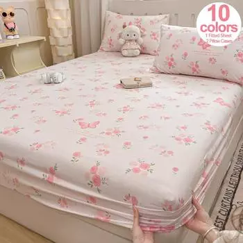 Ultra-Soft Pre-Washed Floral Fitted Sheet With Pillowcases - Fits Mattresses Up To 25Cm, Hypoallergenic, Easy Care 90x200cm(35x79 in)