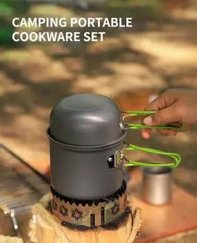 Ultralight Camping Cooking Utensils Outdoor Tableware Pot Set зелёный