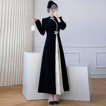 Улучшенное длинное платье Cheongsam в китайском стиле, черное платье с длинными рукавами для женщин 2XL разноцветный